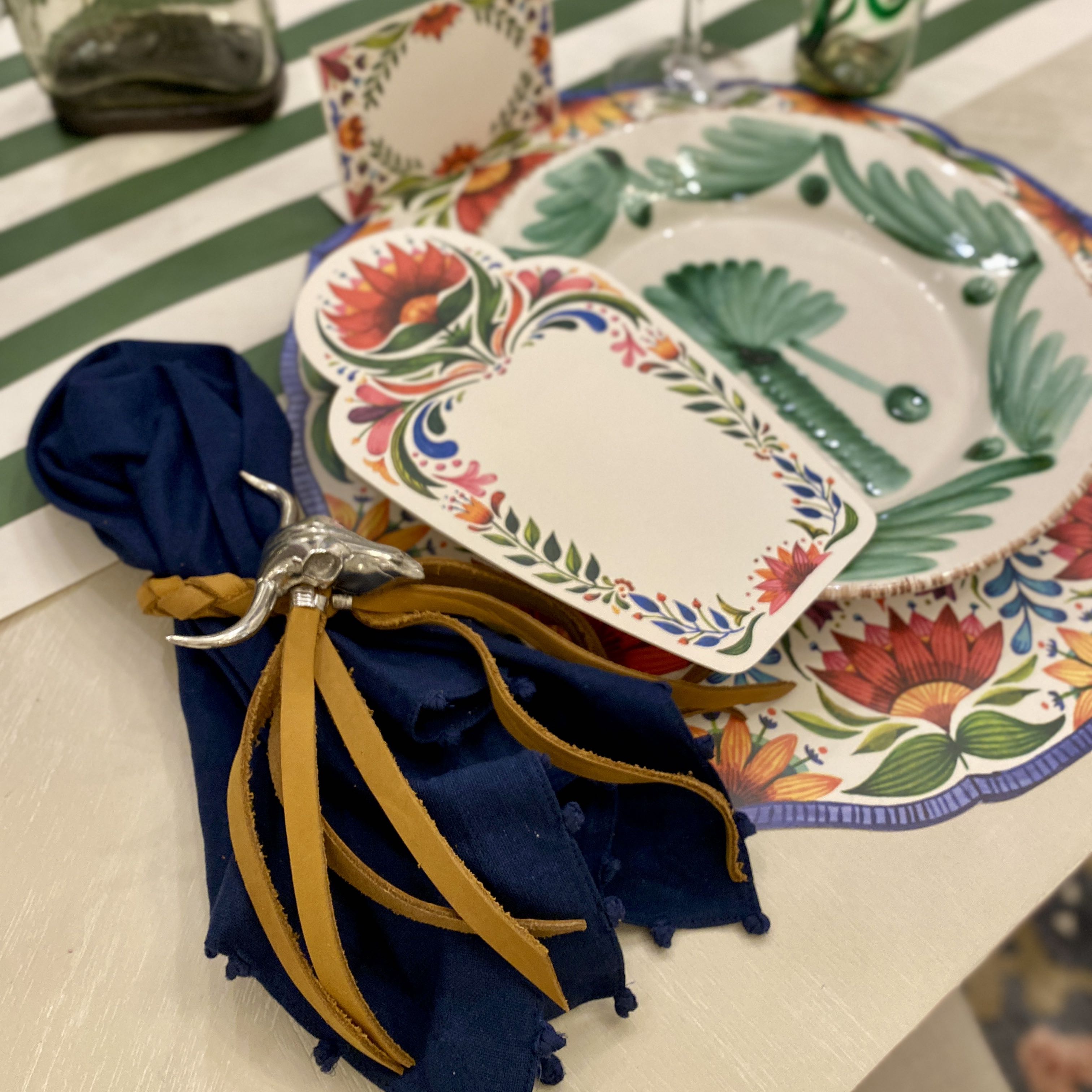 Pom Pom Border Napkin in Navy Blue - Set of 8