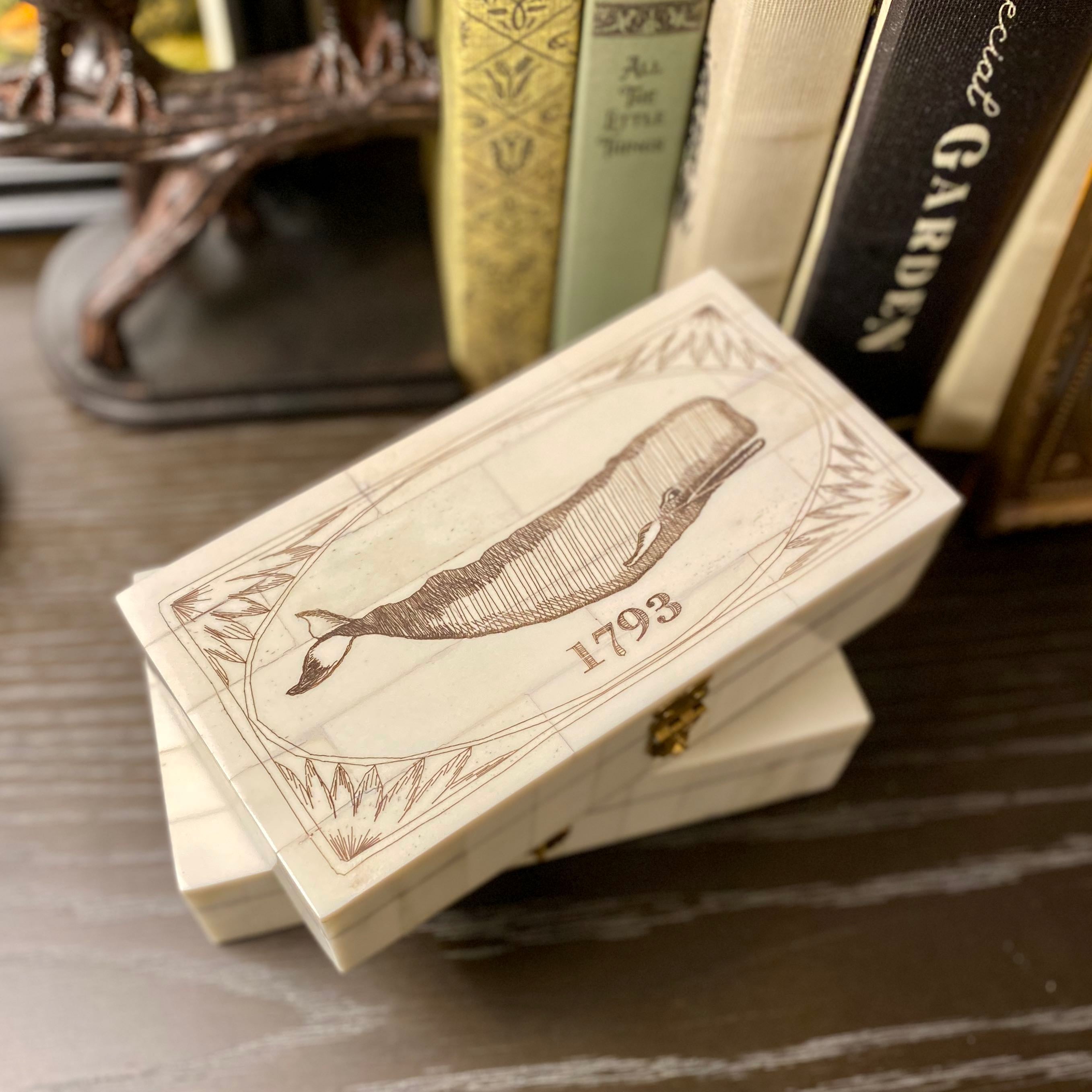 Whale 1793 Engraved Scrimshaw Bone Box