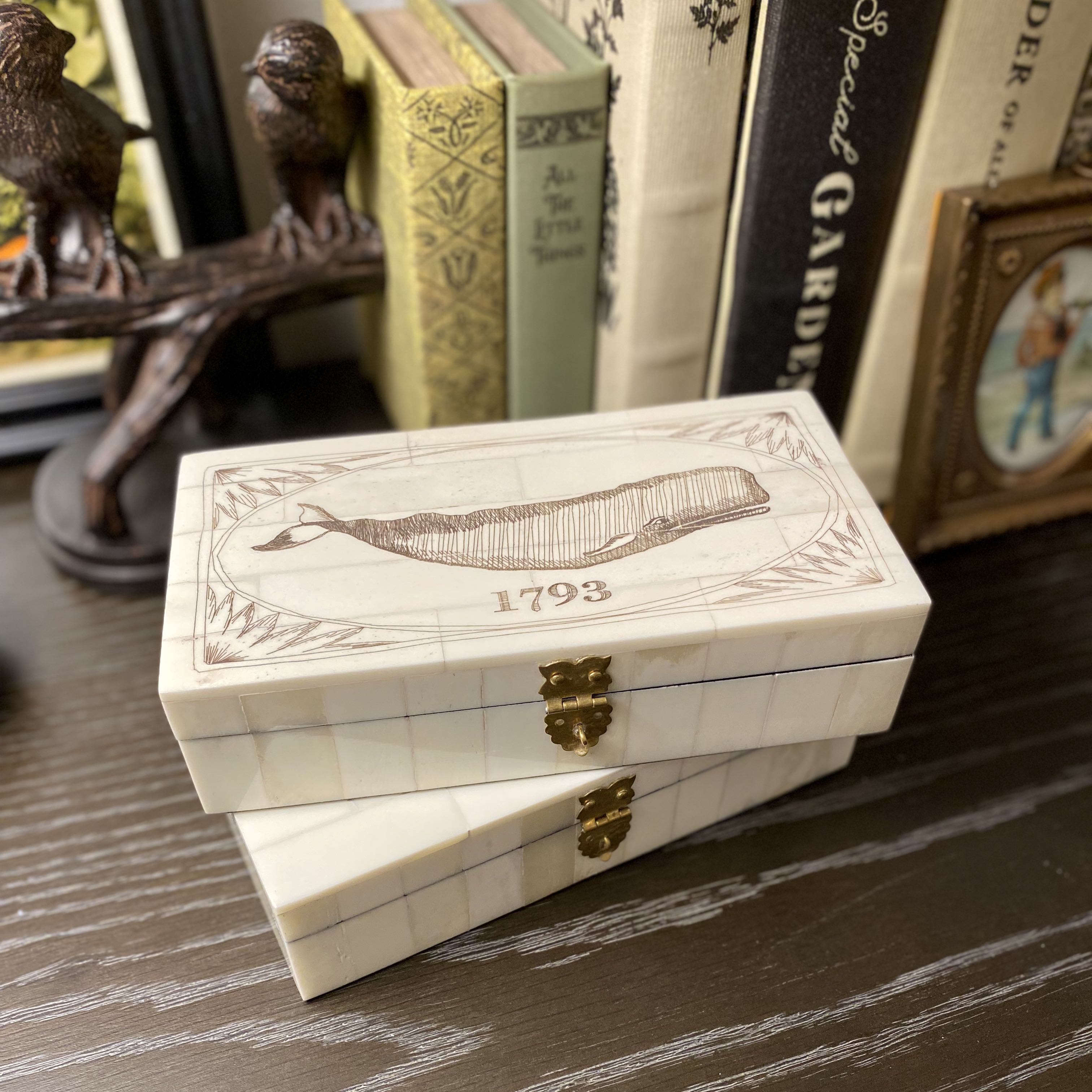 Whale 1793 Engraved Scrimshaw Bone Box