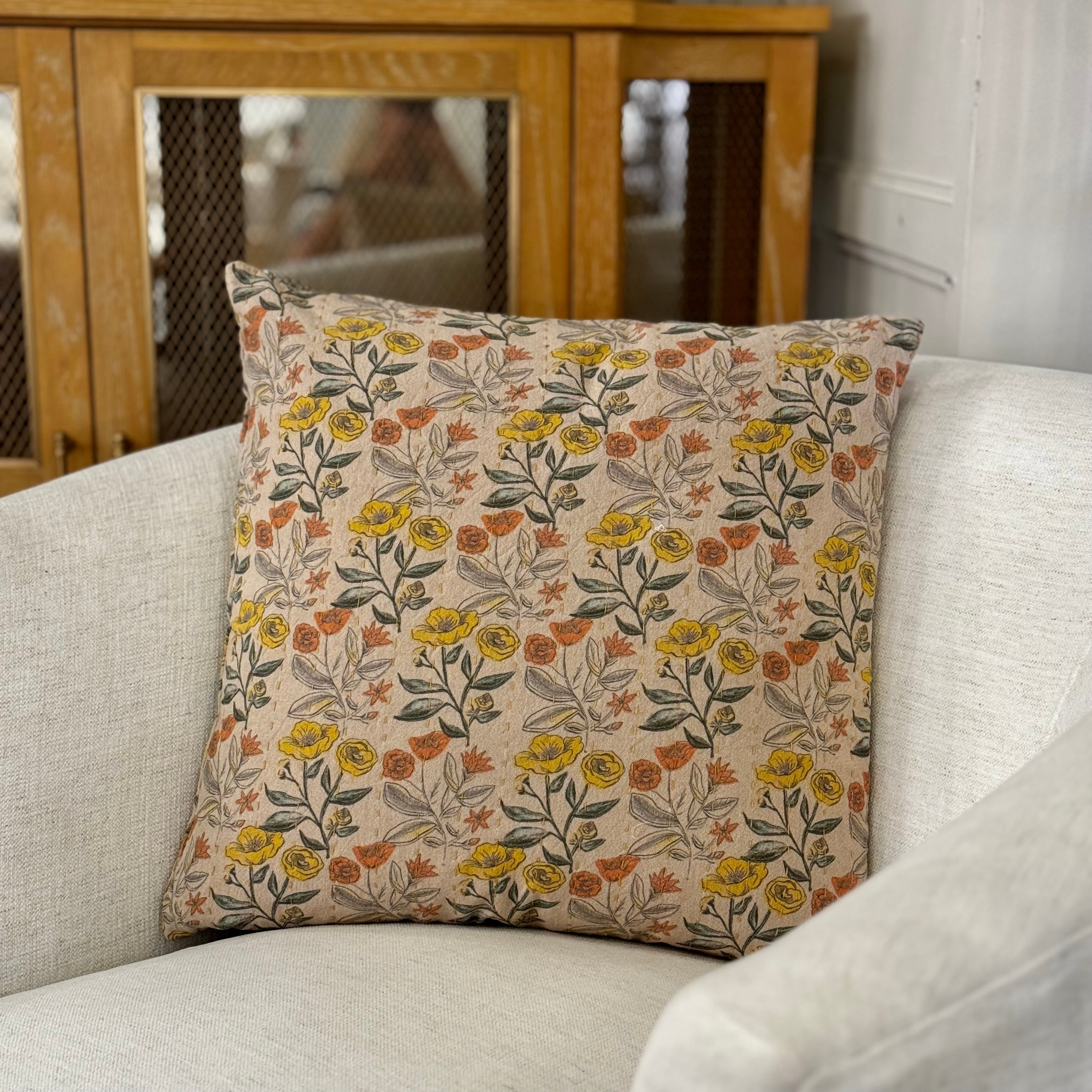 Flea Market Inspired Chambray Flowers Pillow