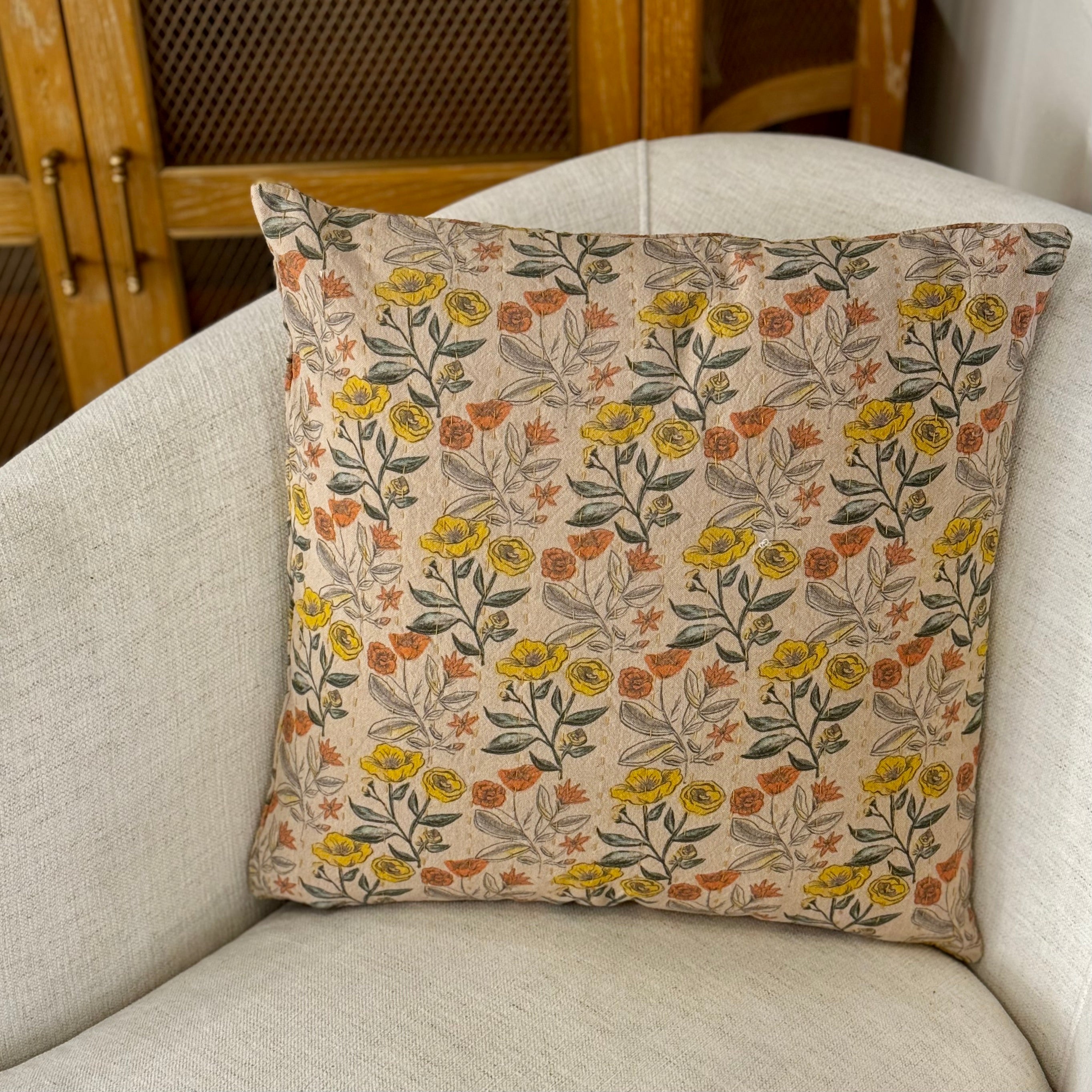 Flea Market Inspired Chambray Flowers Pillow