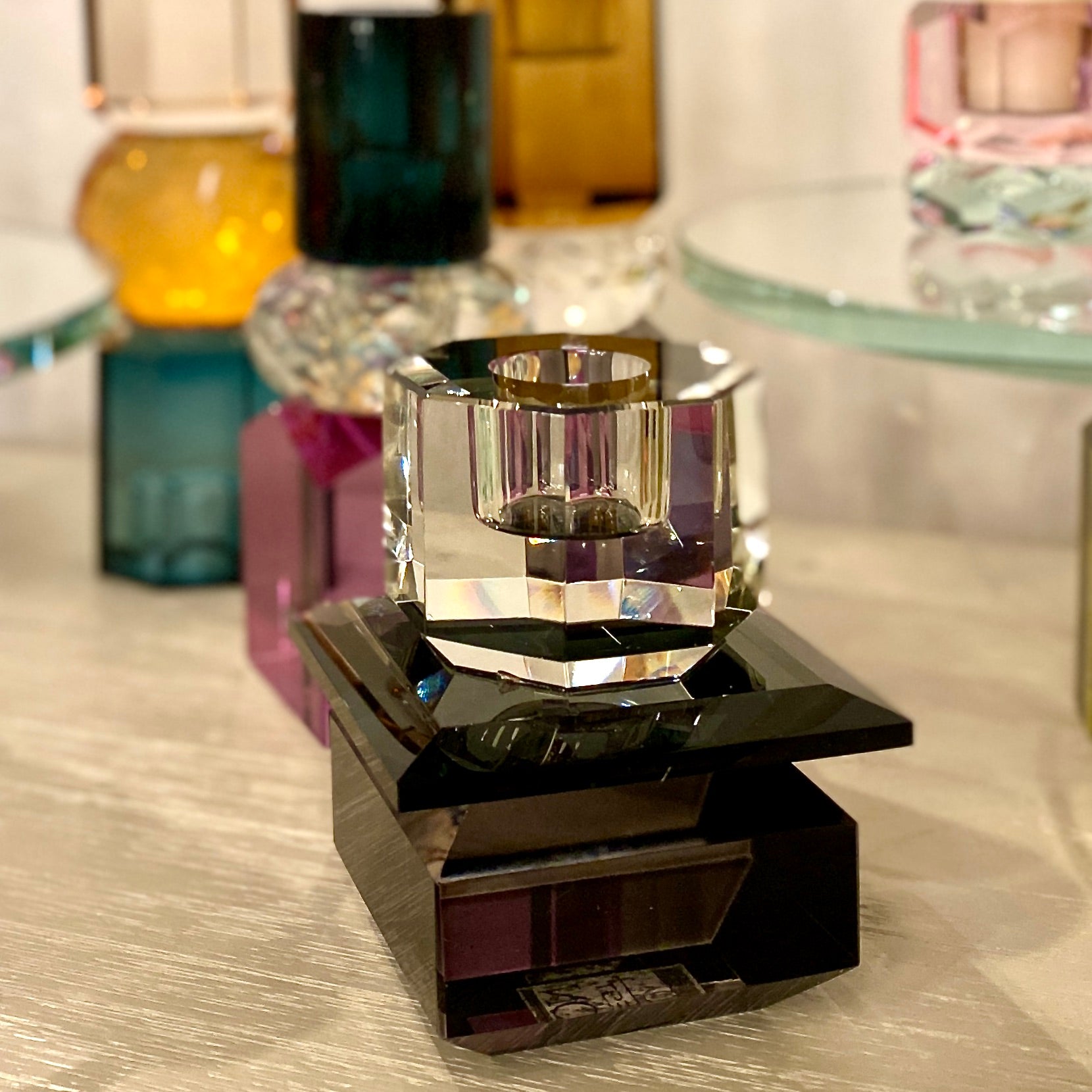 Cut Crystal Candleholder in Clear and Smoke