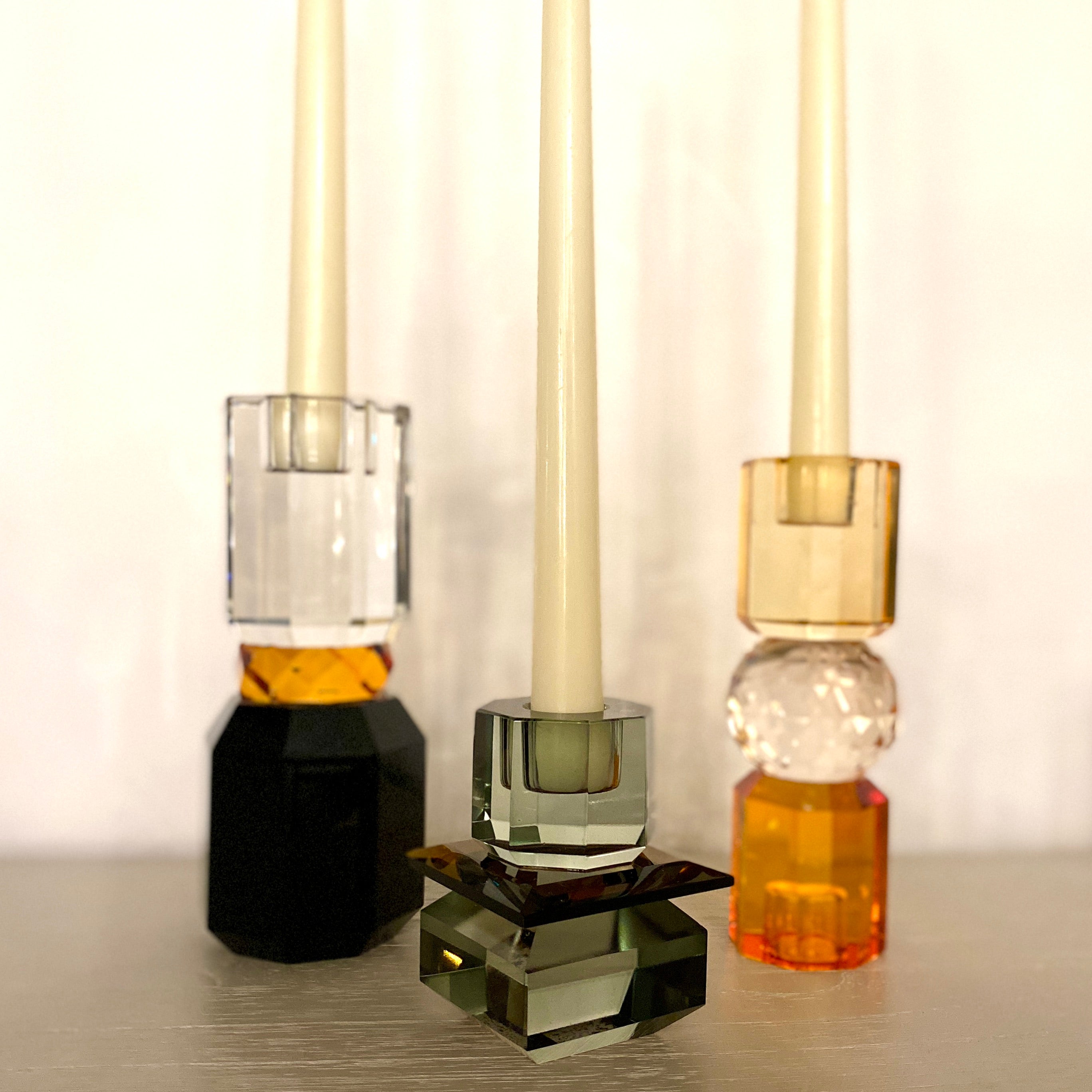 Cut Crystal Candleholder in Amber, Peach and Light Brown