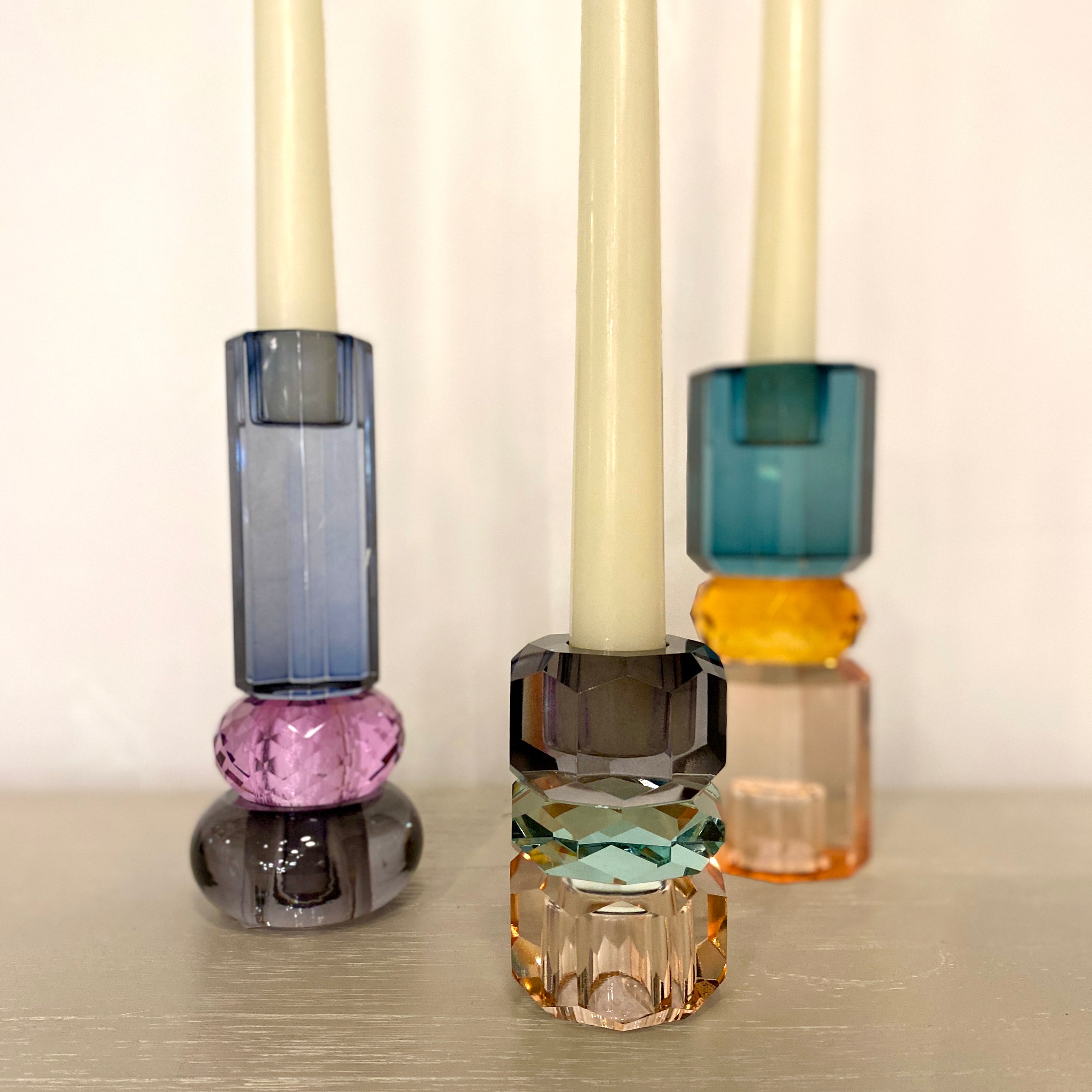 Cut Crystal Candleholder in Smokey Blue, Violet and Smoke