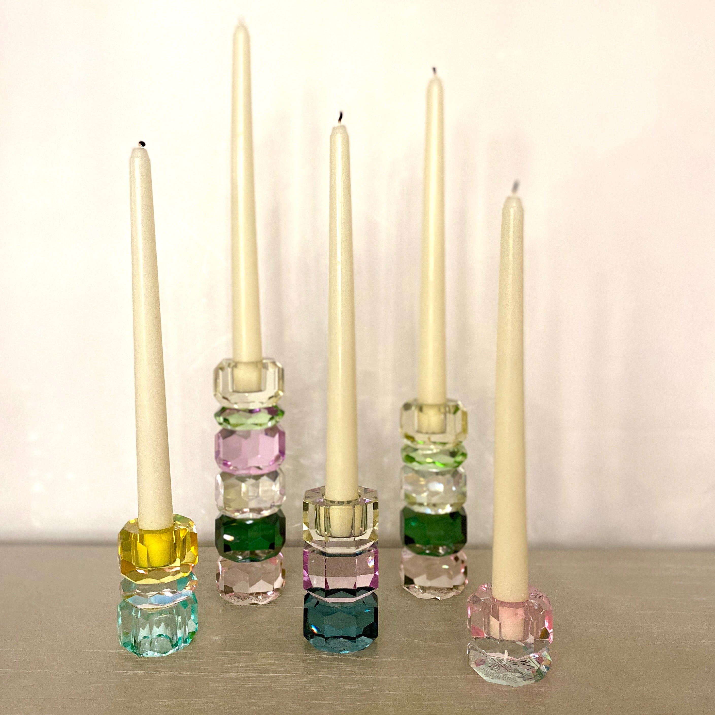 Cut Crystal Candleholder in Violet, Brown and Mint