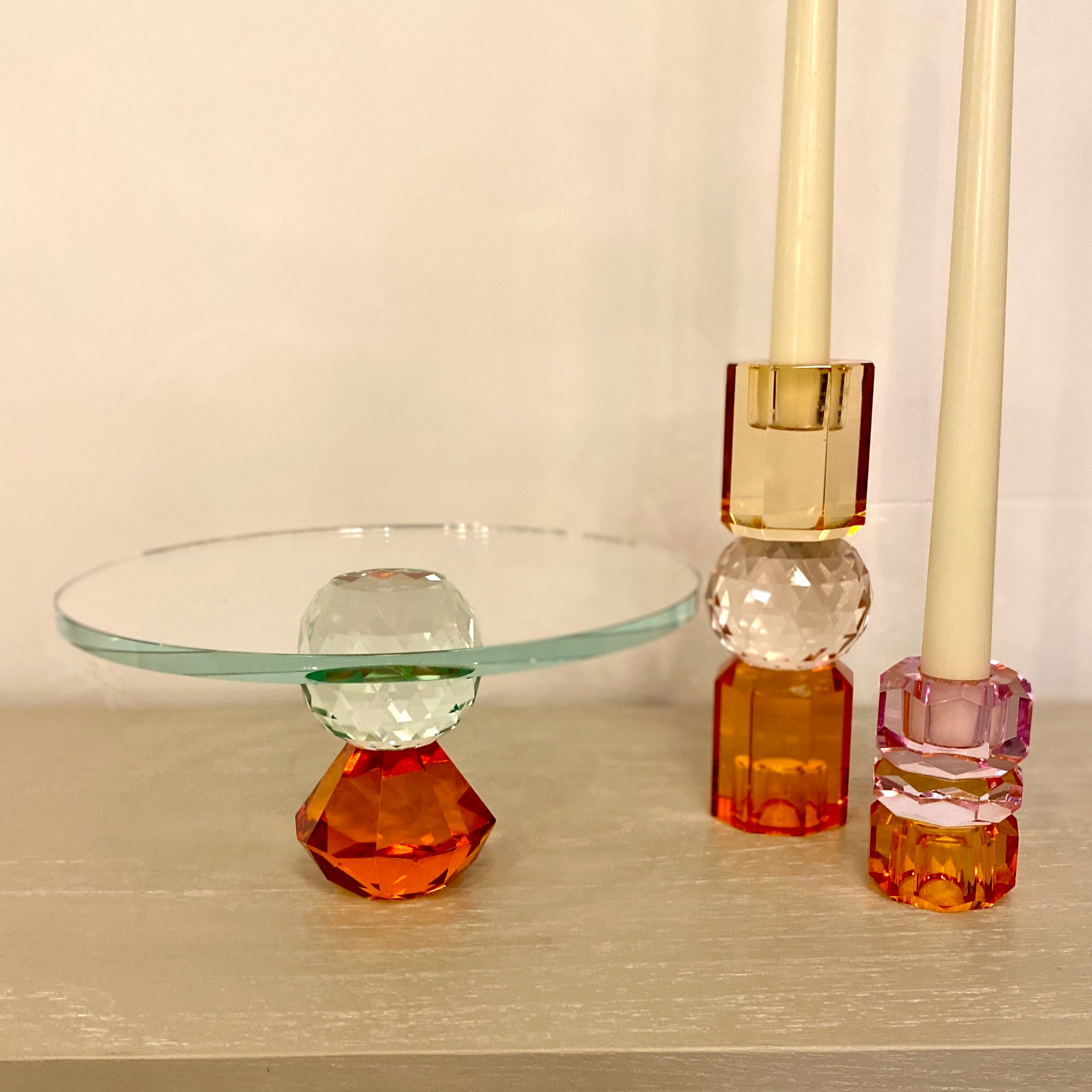 Cut Crystal Candleholder in Amber, Peach and Light Brown