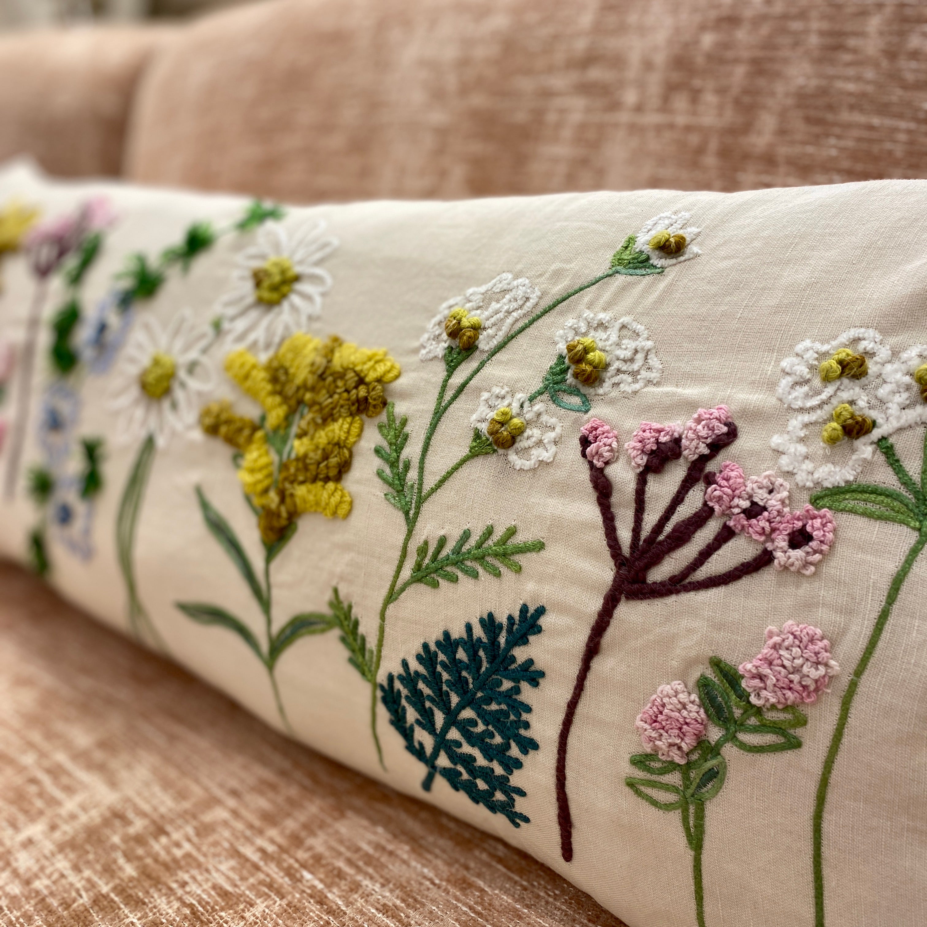 Embroidered Fern and Flowers Lumbar Pillow