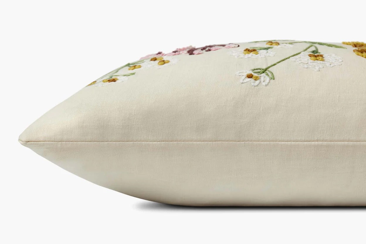 Embroidered Fern and Flowers Lumbar Pillow