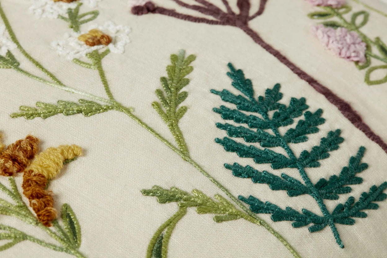 Embroidered Fern and Flowers Lumbar Pillow