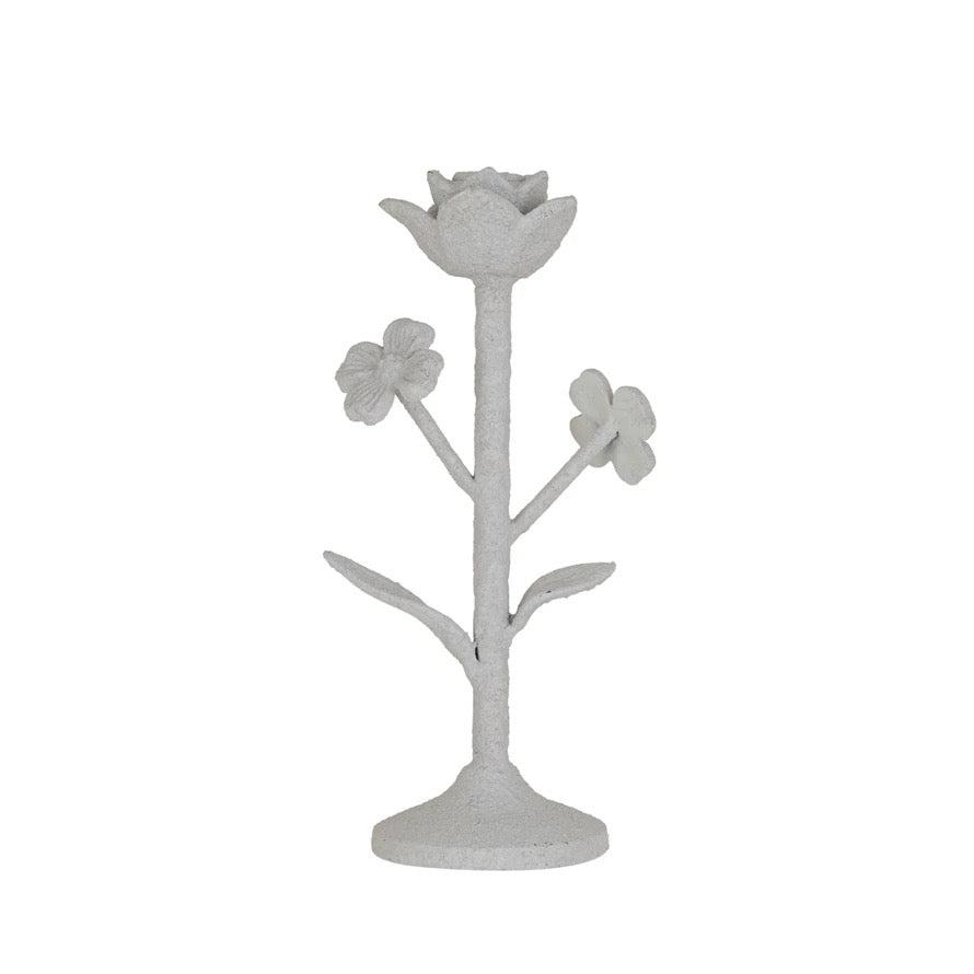 White Cast Metal Flower Candleholder
