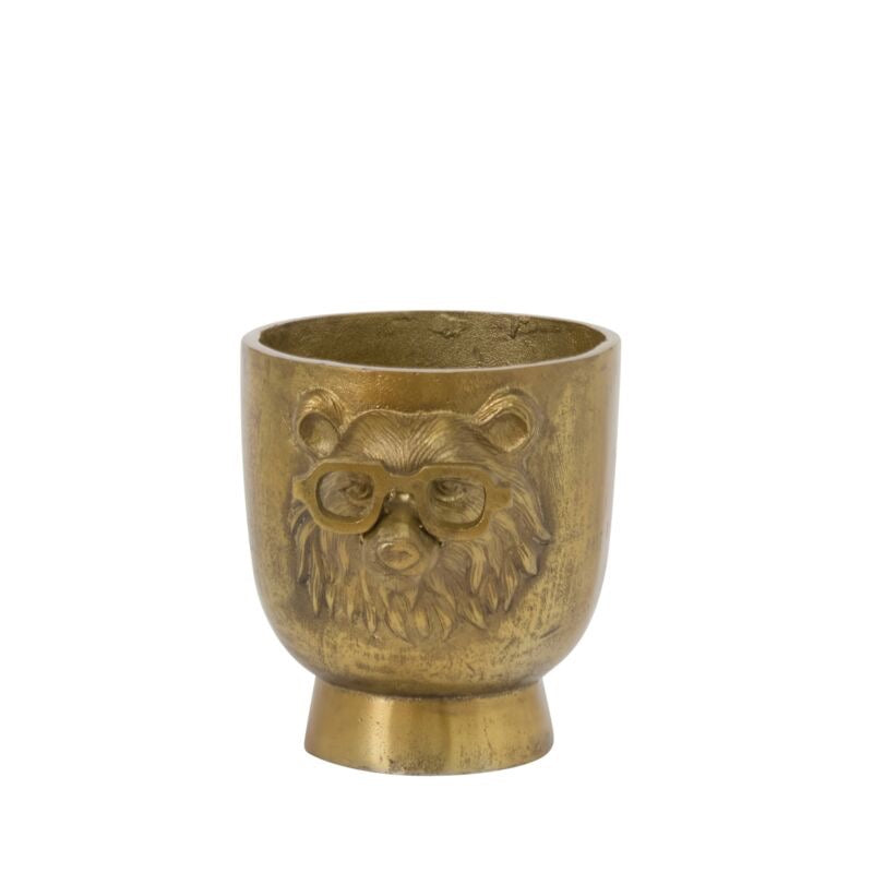 Brass cup with bear face and glasses design on a white background