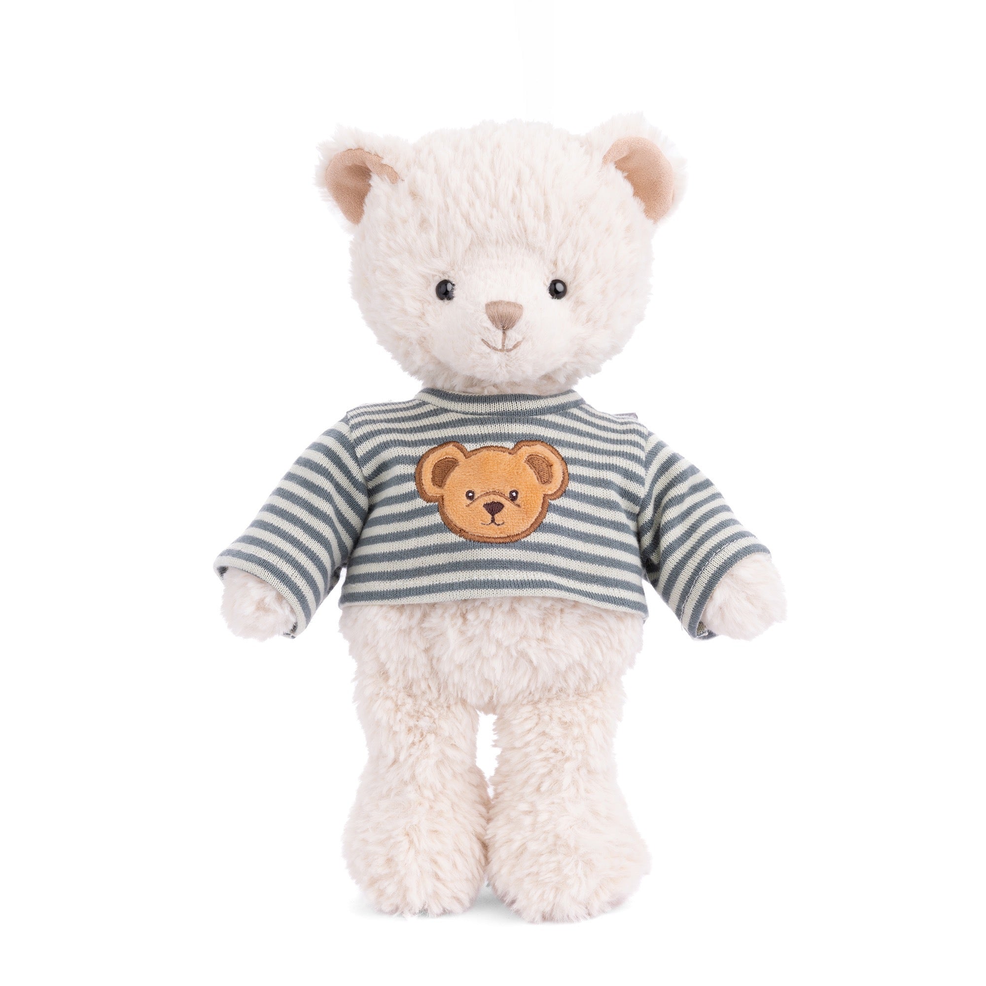 Stuffed teddy bear wearing a striped sweater with a bear face on a white background