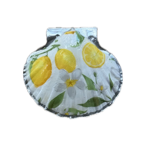 A scallop-shaped mirror mirror with a printed lemon and white flower pattern, isolated on a white background.