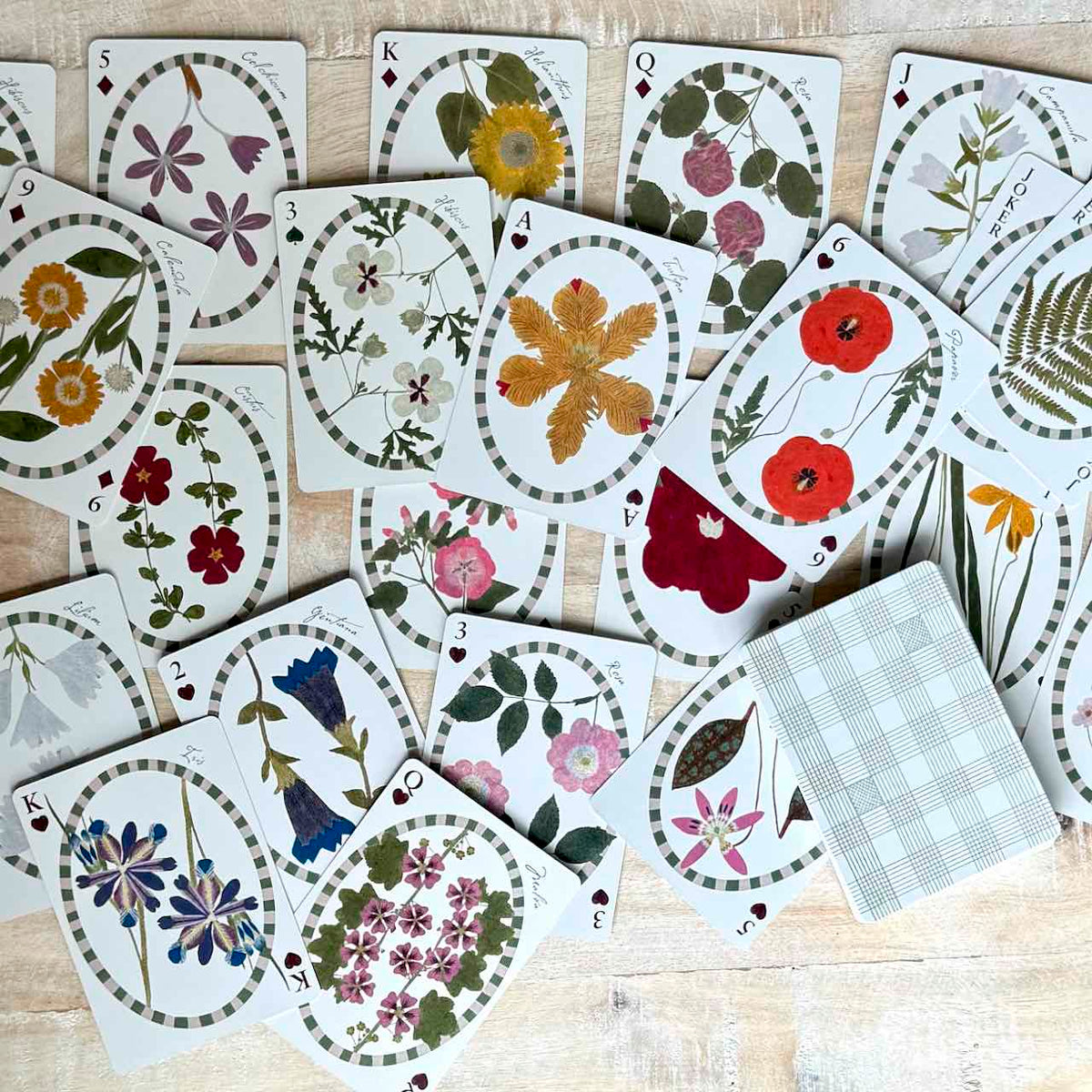 A spread of floral playing cards arranged on a light wood surface, with one card showing a white-and-gray plaid back. The cards feature pressed flower illustrations in many colors and suit symbols in the corners.