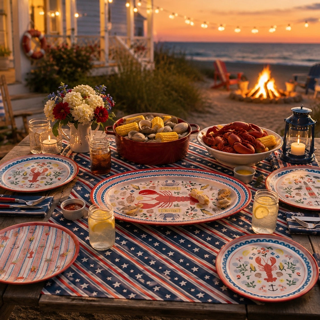 Outdoor dinner setup on a beach with lobster-themed plates, food, and a fire pit.