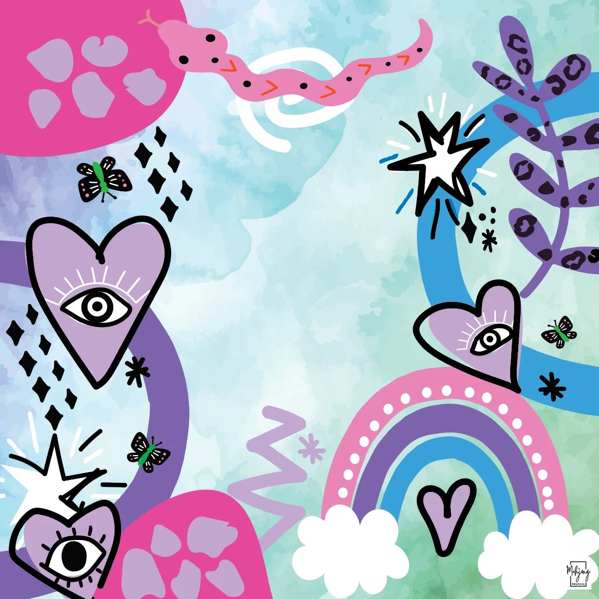 Colorful abstract design with hearts, stars, and butterflies on a light blue background
