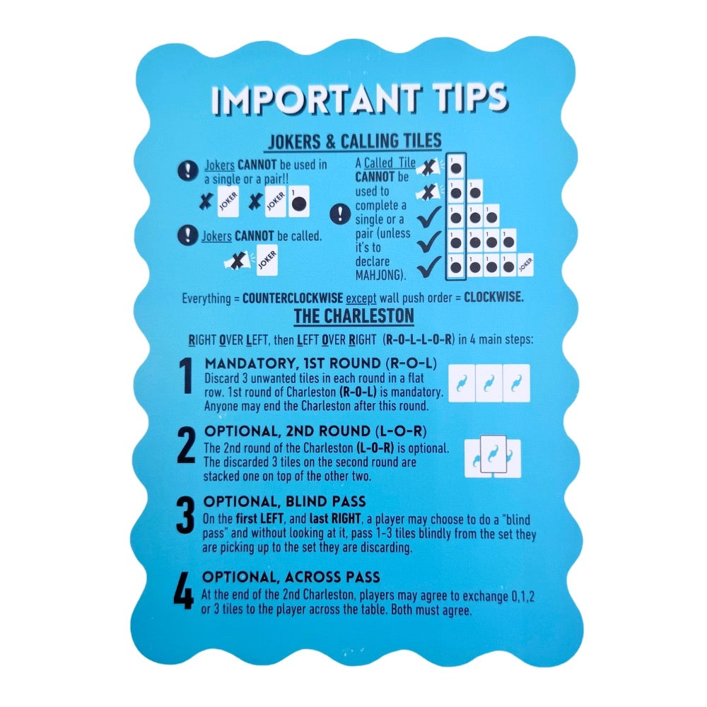 Blue informational card with white text and icons about jokers, calling tiles, and the Charleston game move.
