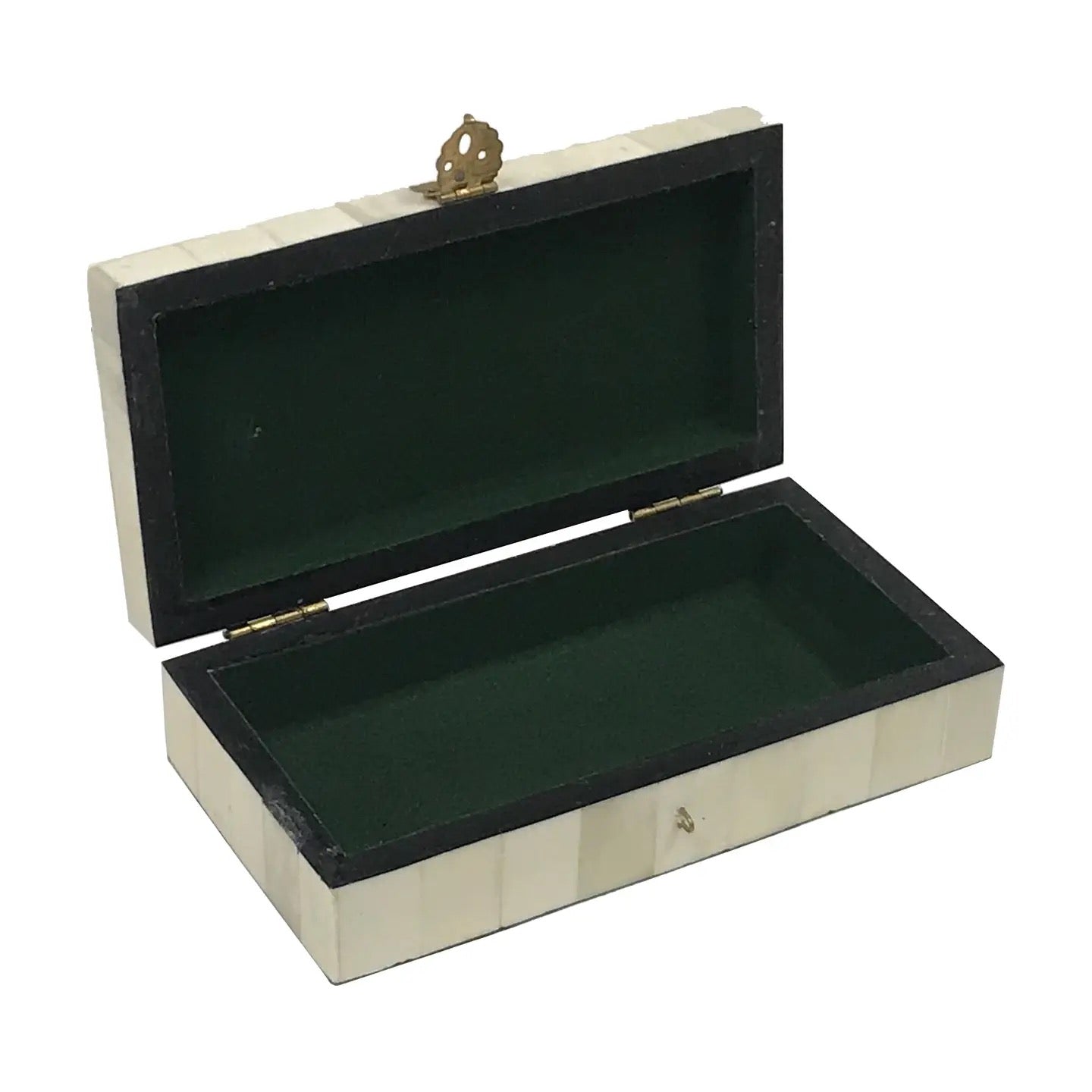 Open jewelry box with green interior on a white background