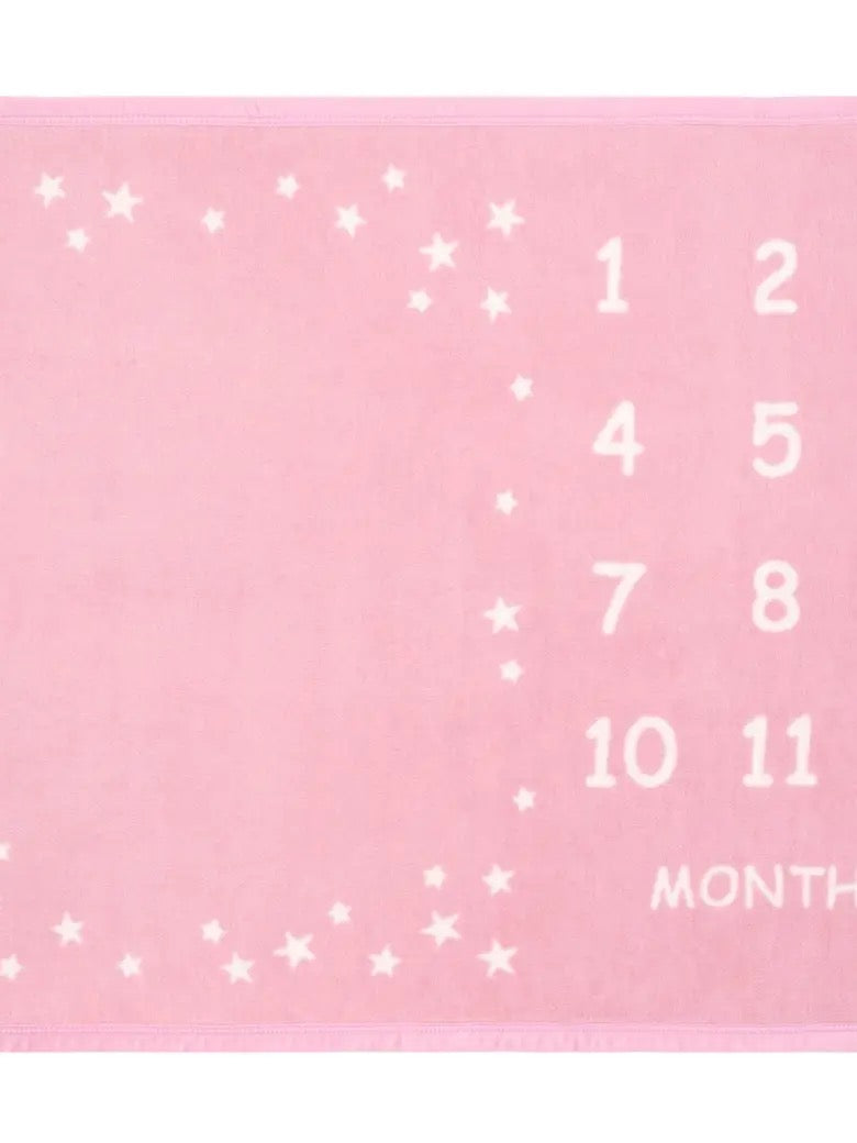 Pink milestone blanket with white numbers and stars
