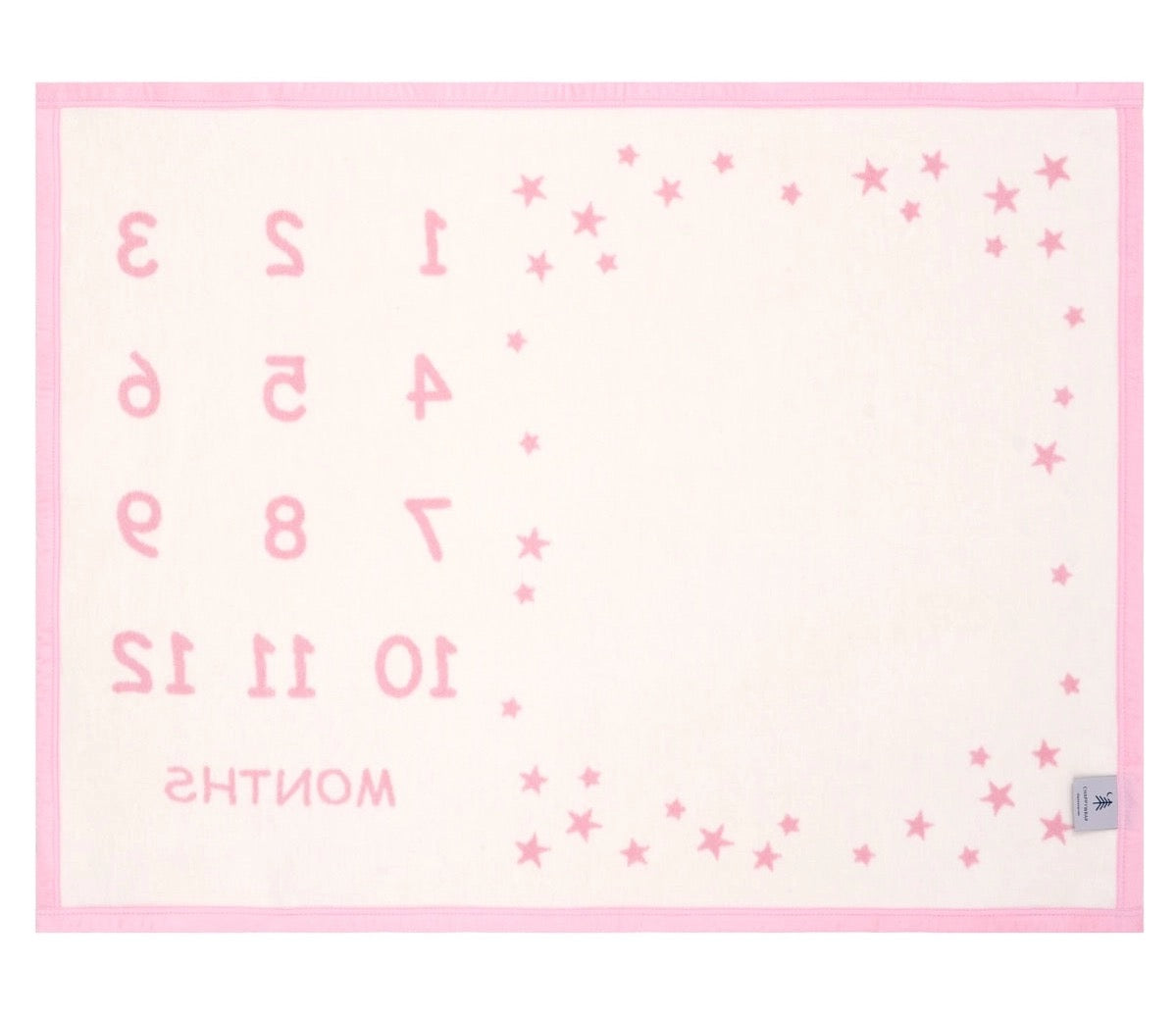 Baby milestone blanket with pink numbers and stars on a white background