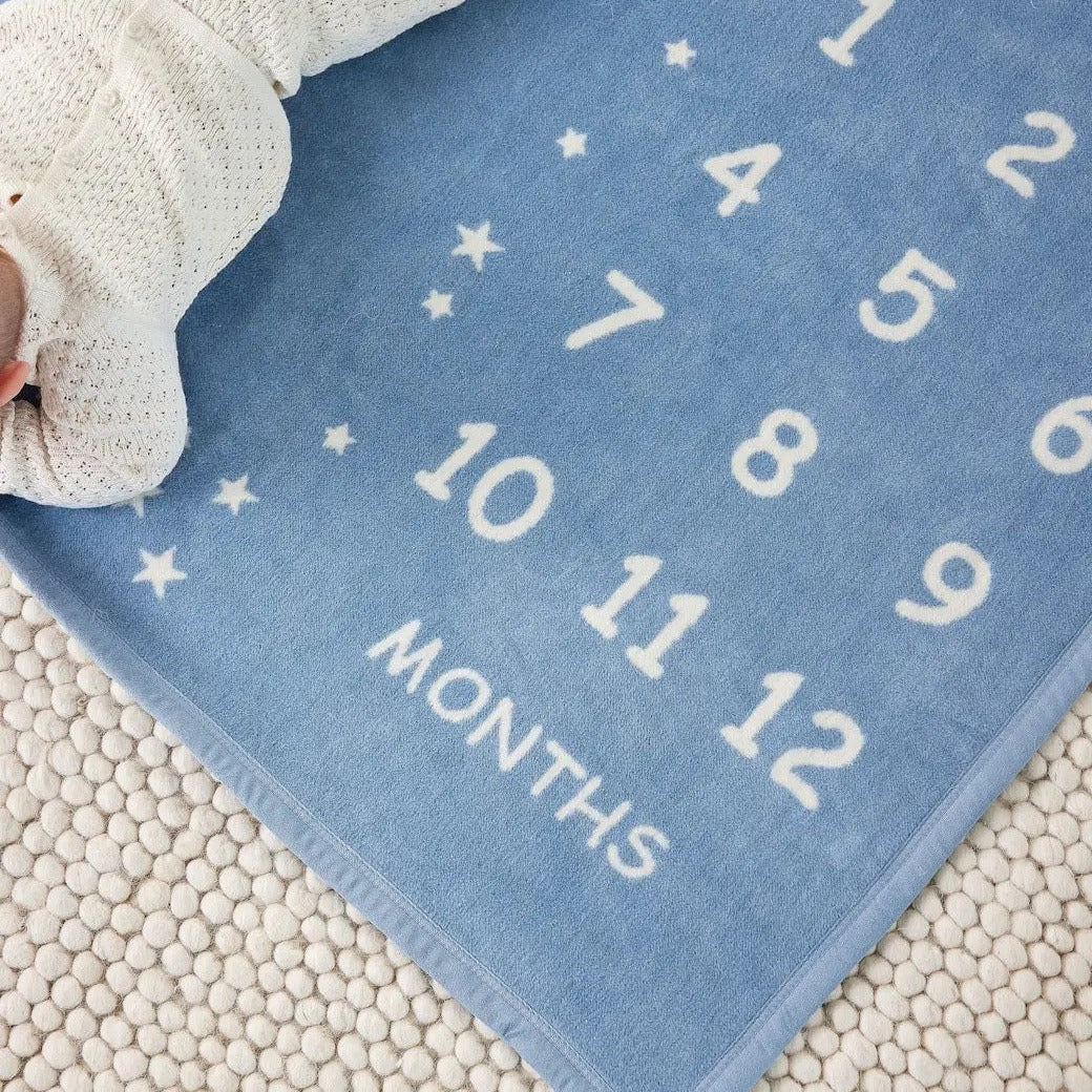 Blue mat with milestone markers for baby's first year on a textured surface