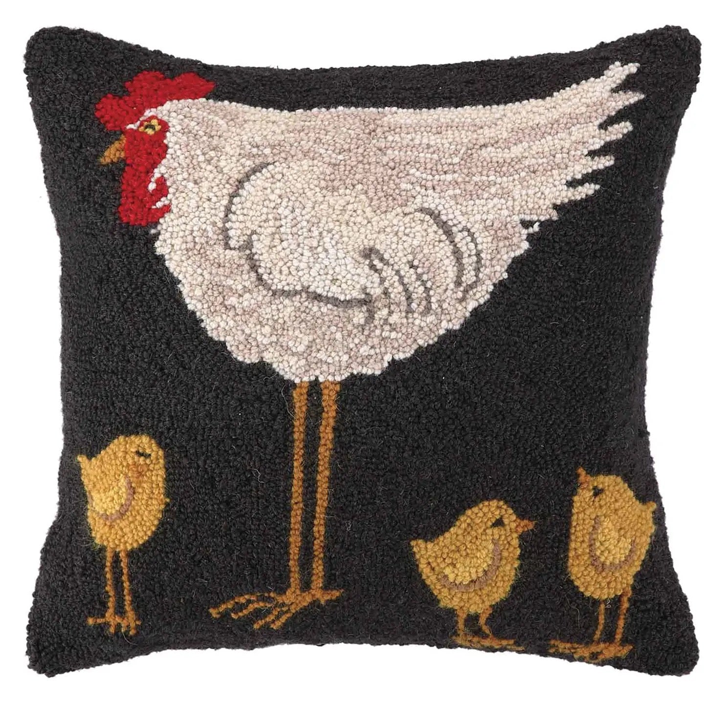 Decorative pillow with a rooster and three chicks on a black background