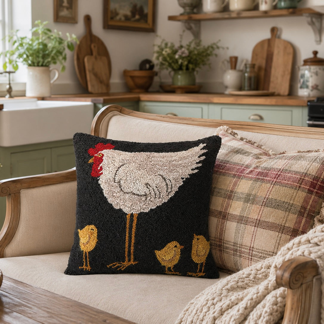 Mother Hen Wool Hooked Pillow