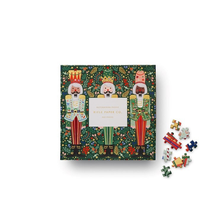 Jigsaw puzzle box with nutcracker design on a white background
