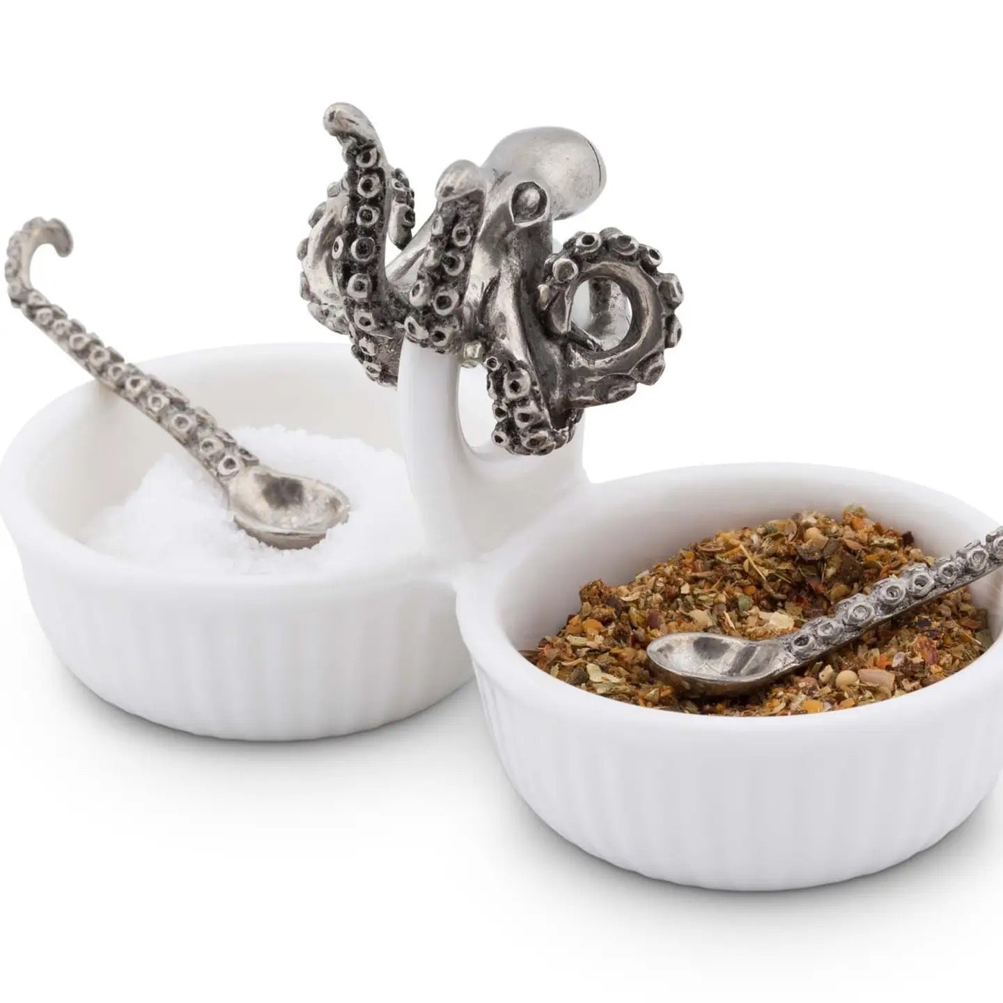 Decorative salt and pepper shakers with octopus design on a white background