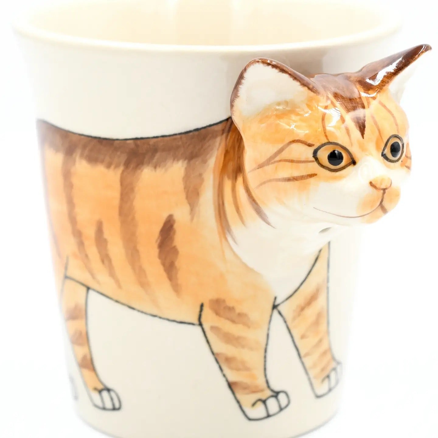 Cat-shaped mug with a detailed illustration of a cat on a white background