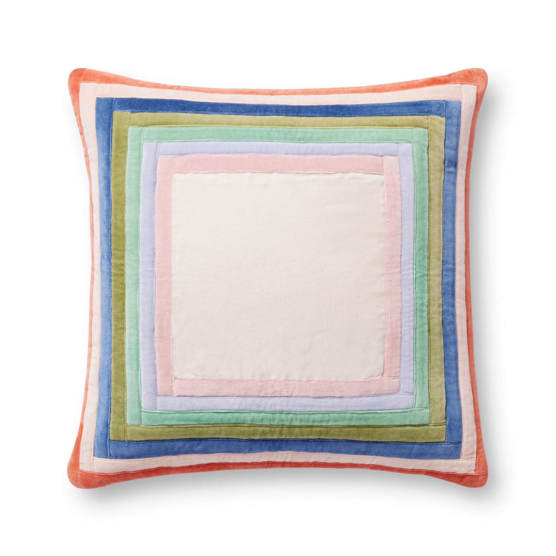 Multicolored square pillow with a white center on a white background