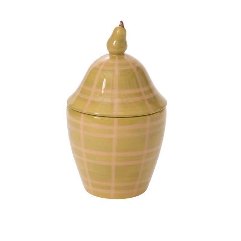 Ceramic jar with plaid pattern and bird-shaped lid on a white background