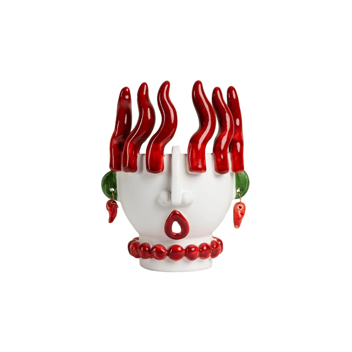 Decorative head with red and green accents on a white background