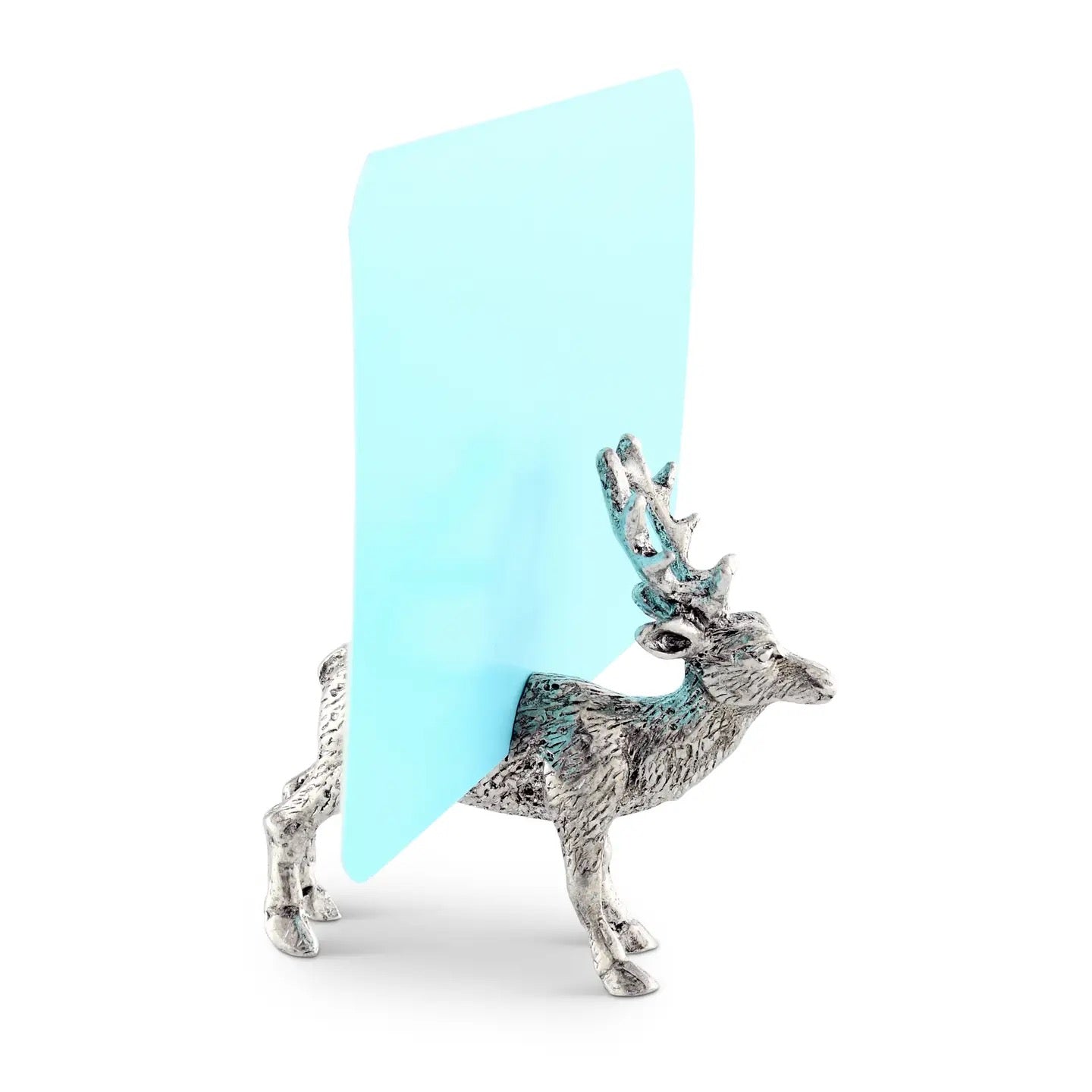 Silver deer-shaped card holder with a light blue card on a white background