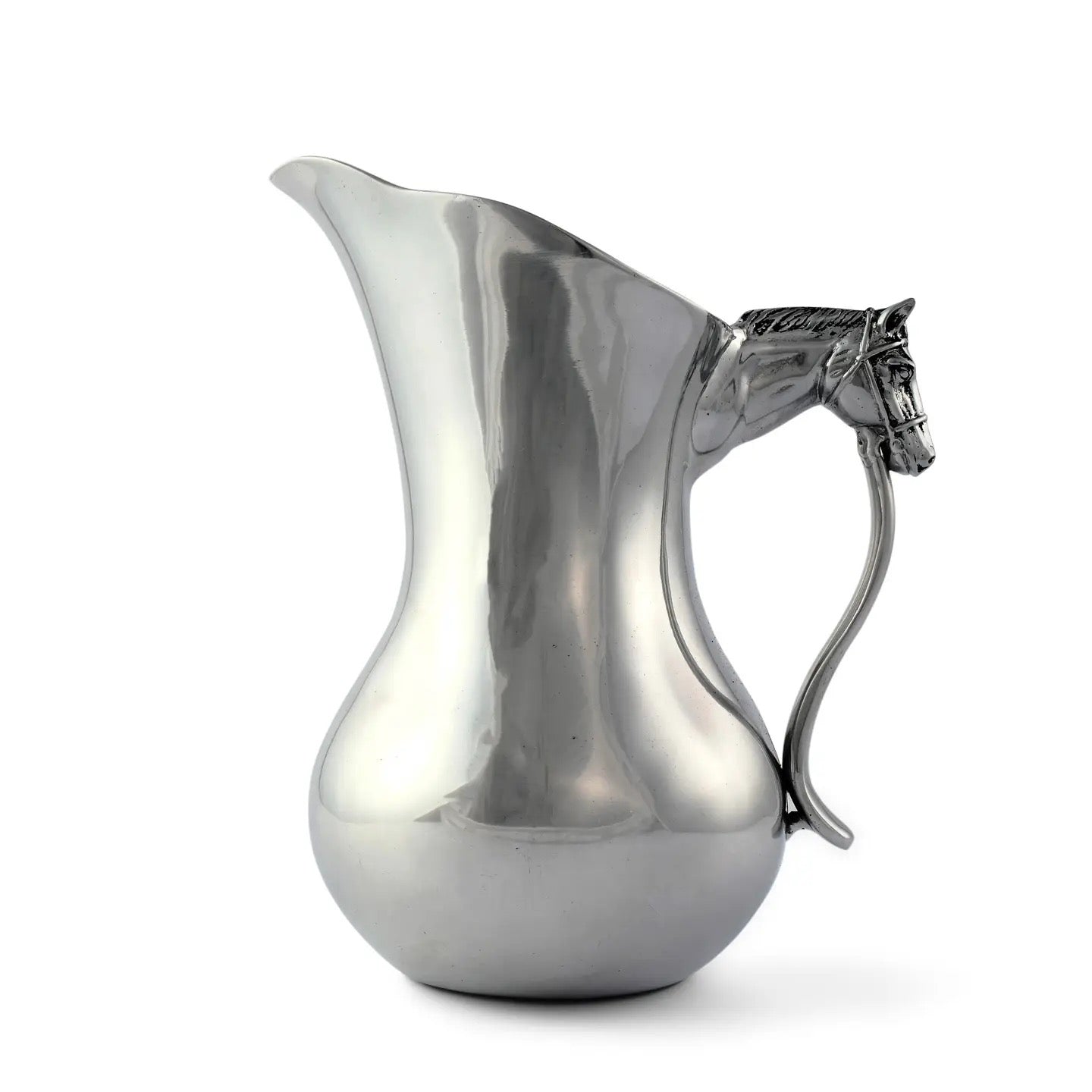 A silver pewter pitcher with a horse head design on the spout.