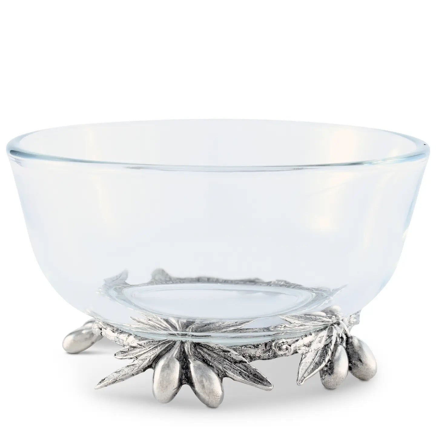 Clear glass bowl with silver base featuring olive branches on a white background