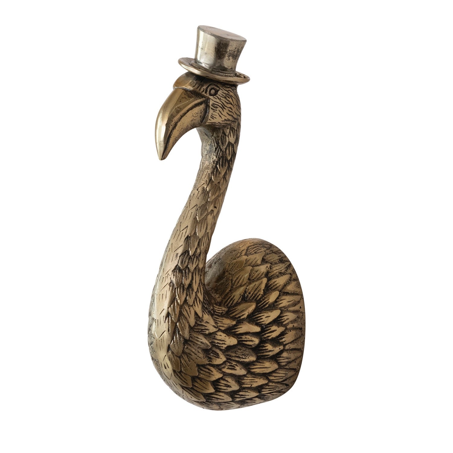 Decorative statue of a swan with a top hat on a white background