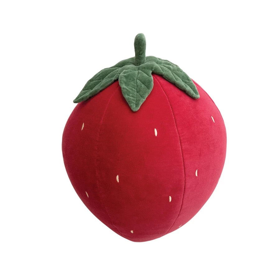 Plush toy shaped like a strawberry on a white background