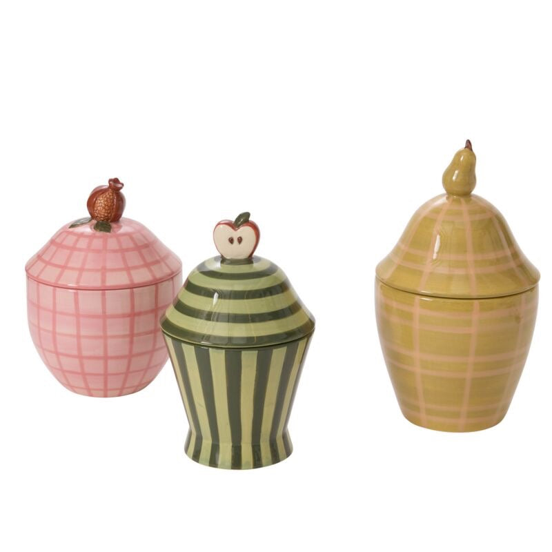 Three ceramic jars with lids, each featuring a unique design and color pattern on a white background.