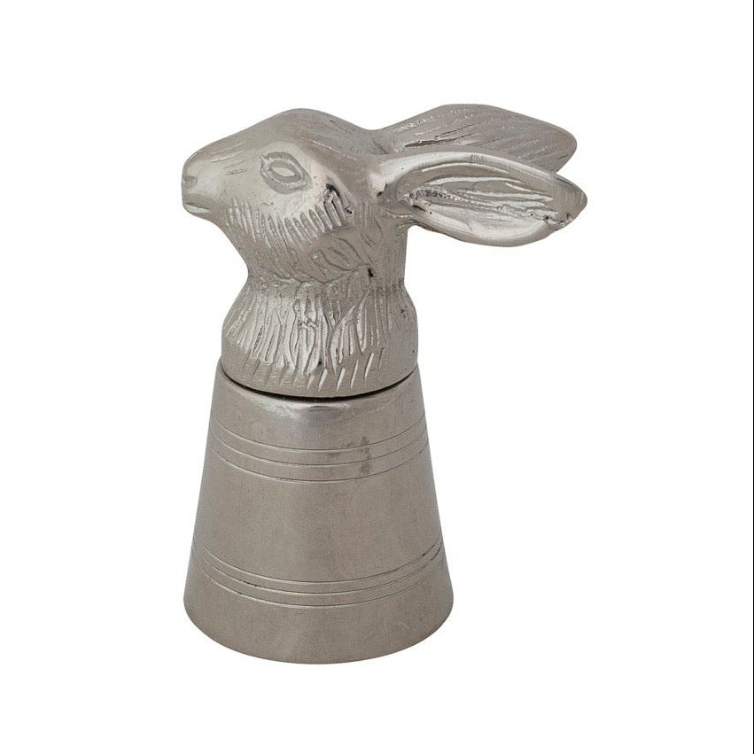 Metallic rabbit-shaped salt and pepper shaker set on a white background