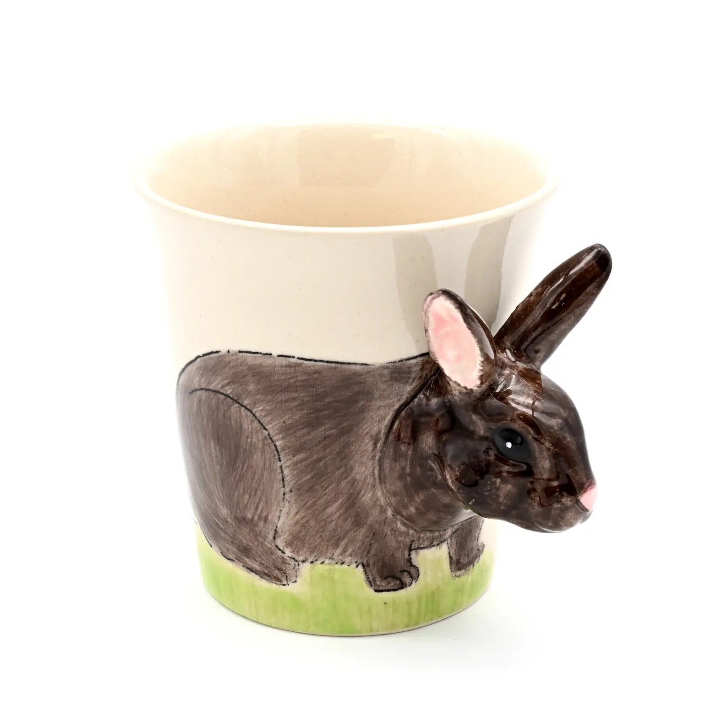 Ceramic mug with a rabbit design on a white background