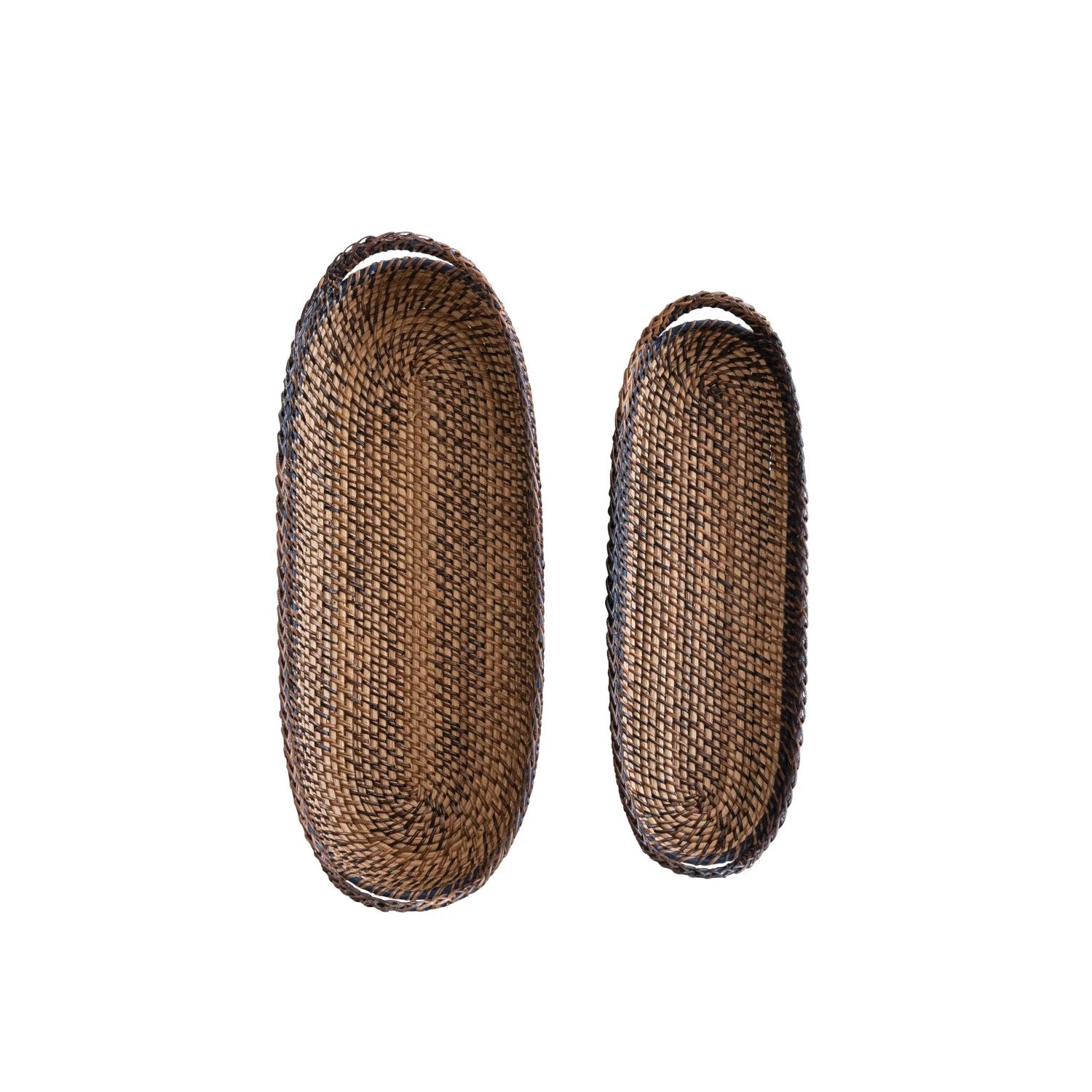 Two oval woven baskets on a white background