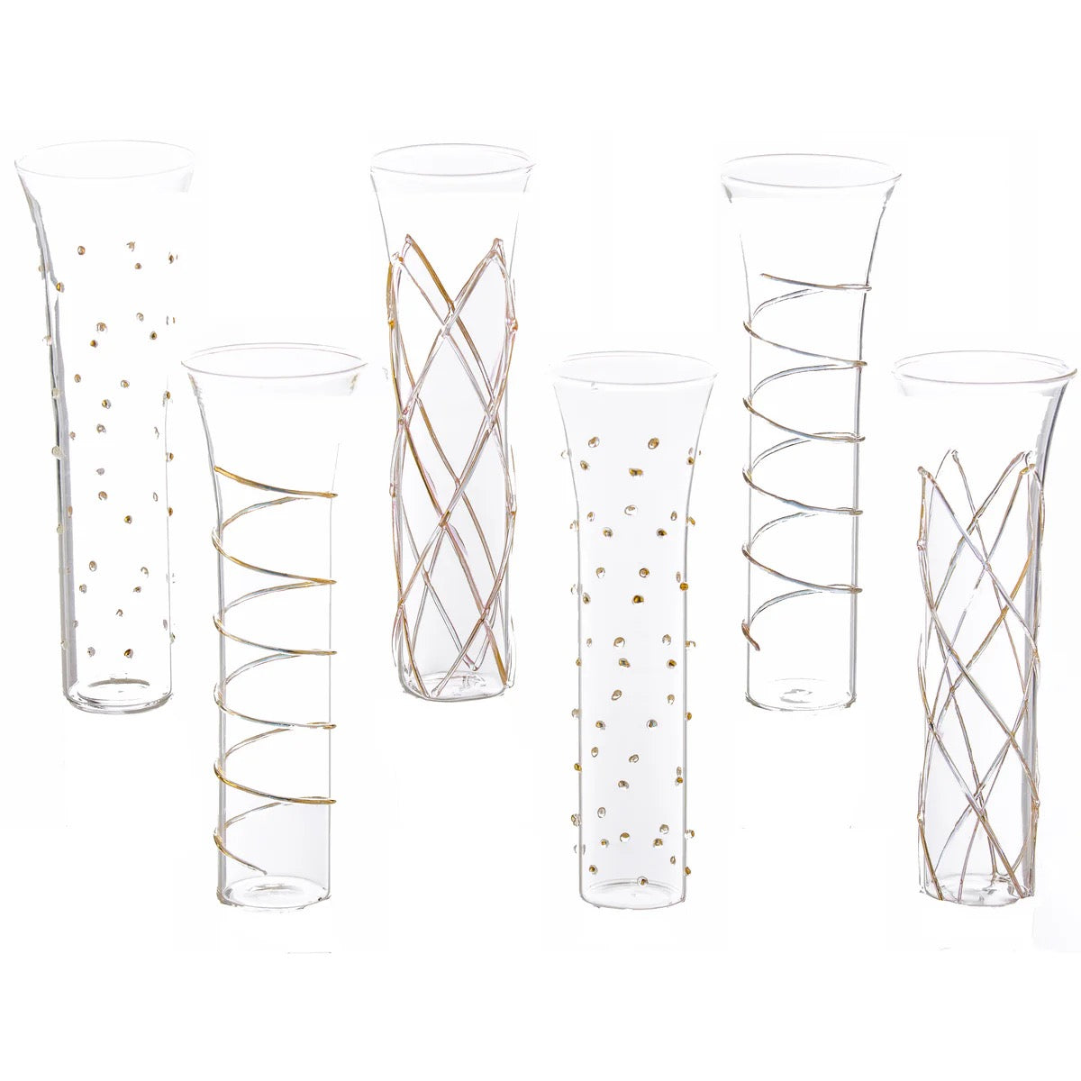 Set of six clear vases with gold decorative patterns on a white background