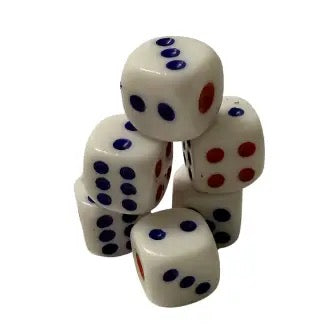 Set of six dice with blue and red dots on a white background