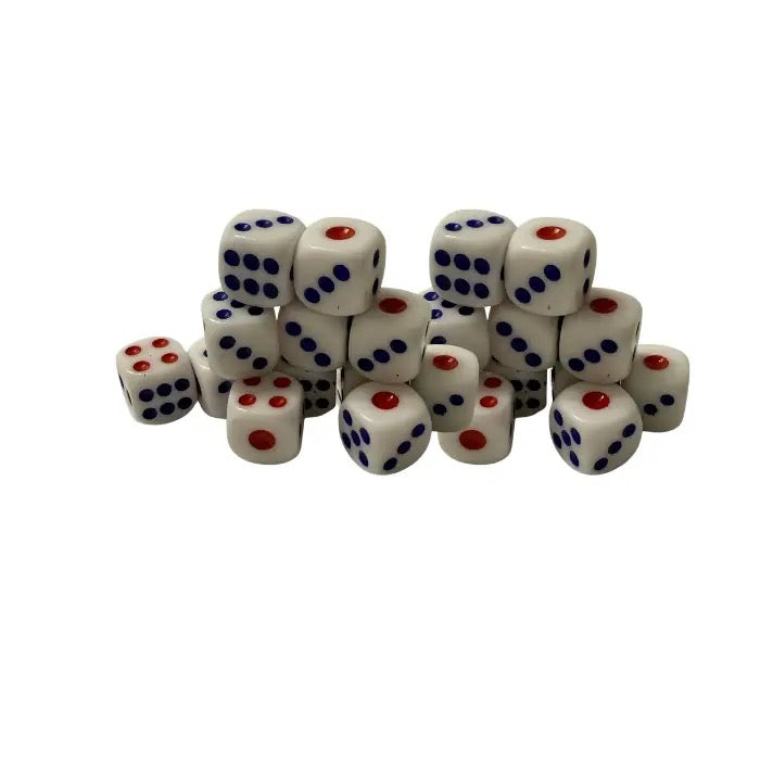 Set of dice with red and blue dots on a white background