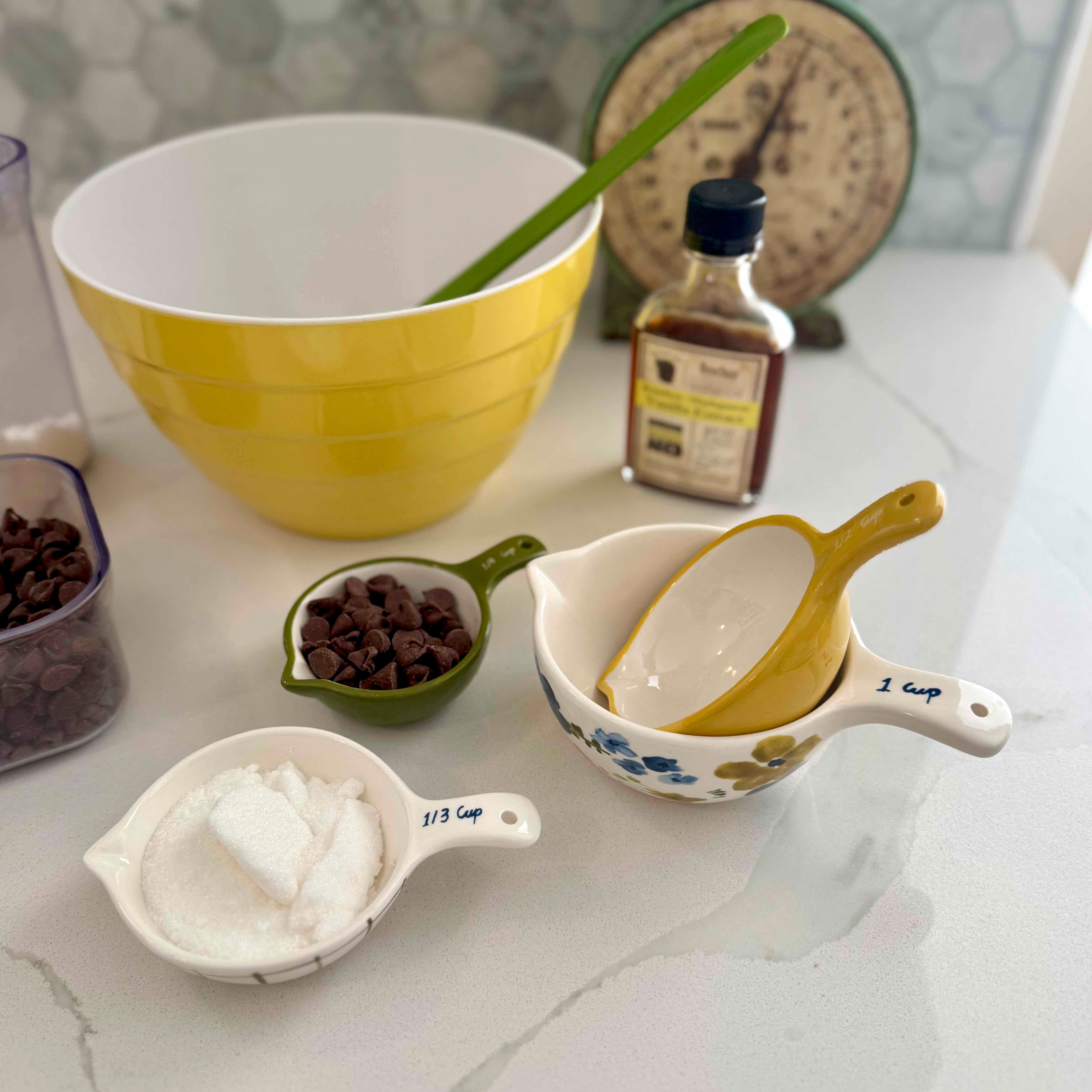 Baking ingredients and utensils on a kitchen counter