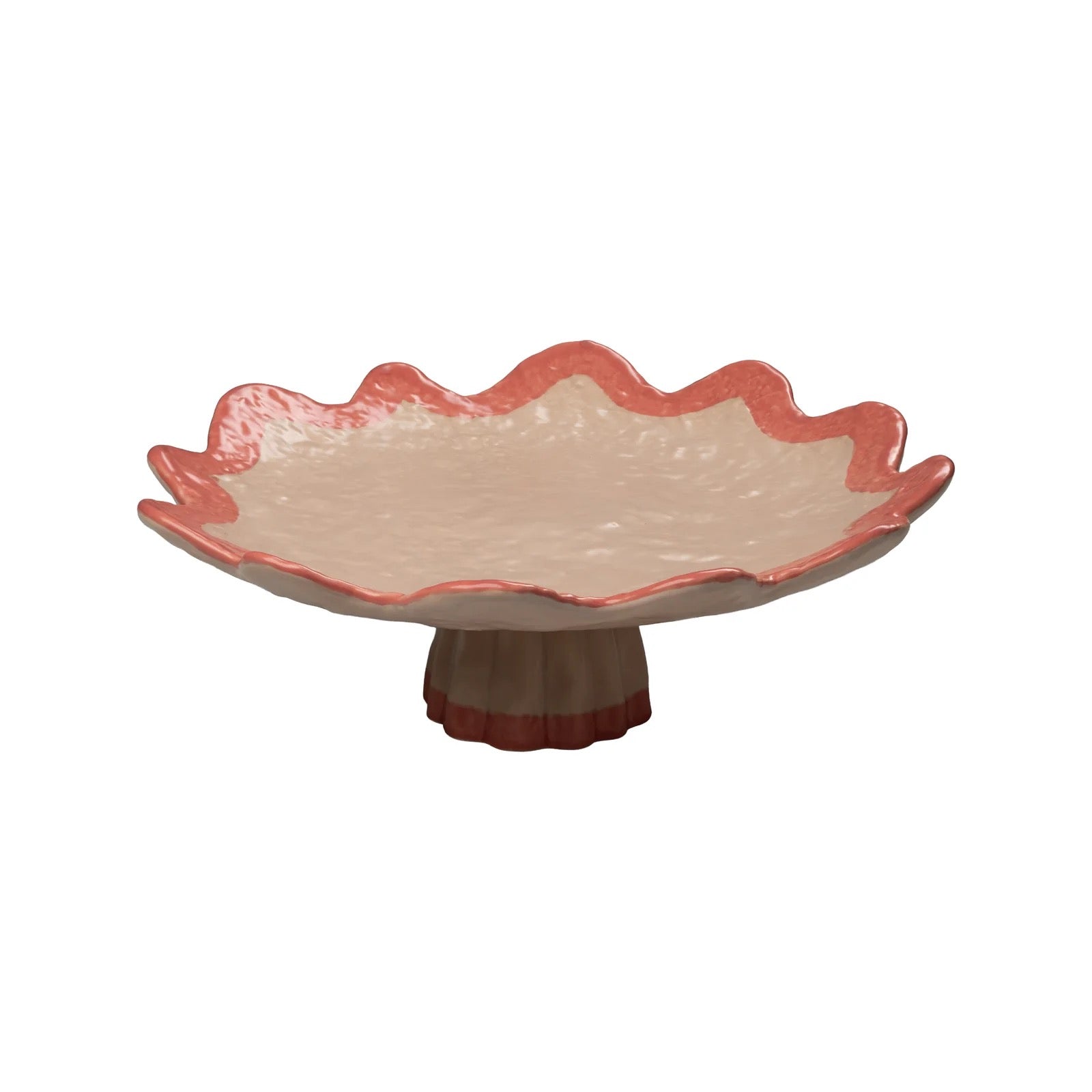 Decorative ceramic bowl with scalloped edge on a white background