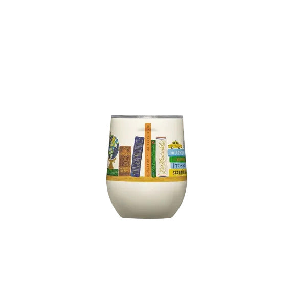 Wine tumbler with book-themed design on a white background