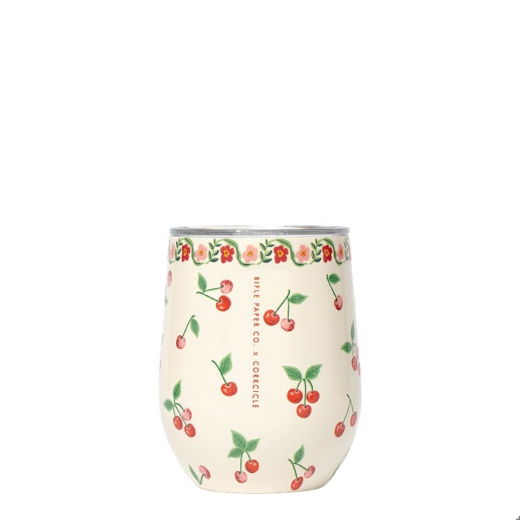 Stemless wine glass with cherry pattern on a white background