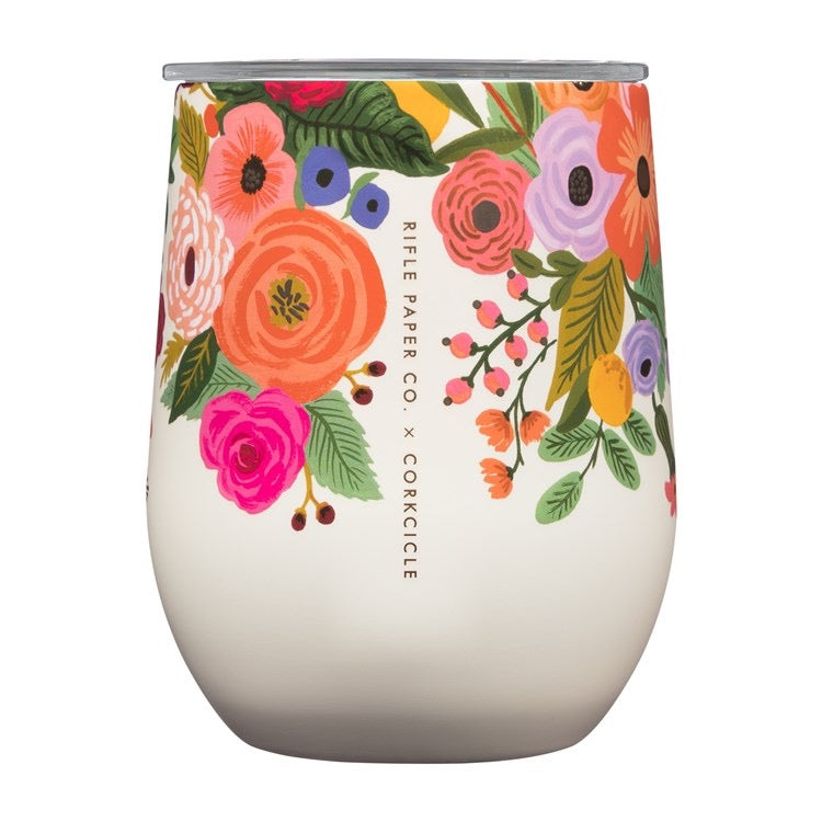 Floral-patterned tumbler with 'Rifle Paper Co' and 'Corkcicle' branding on a white background